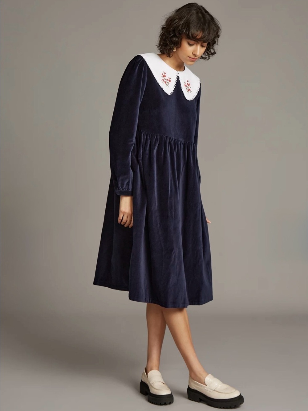 Anthropologie Meadows Pasque Velvet Midi Dress Embroidered Peter Pan Collar